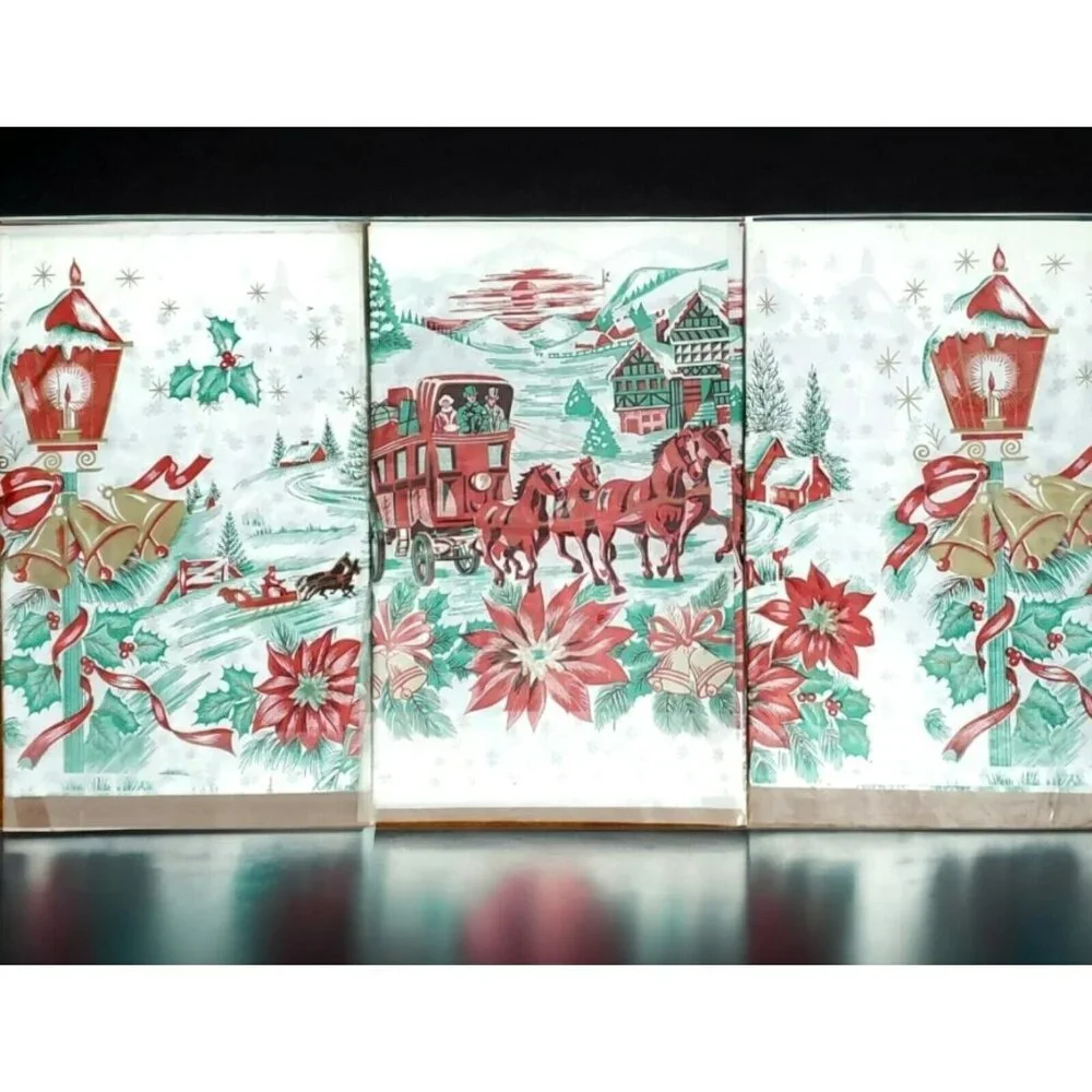 3 VTG Plastic Christmas TableCloths Cover Horse Sleigh Bells Poinsettia Holiday - Picture 1 of 9